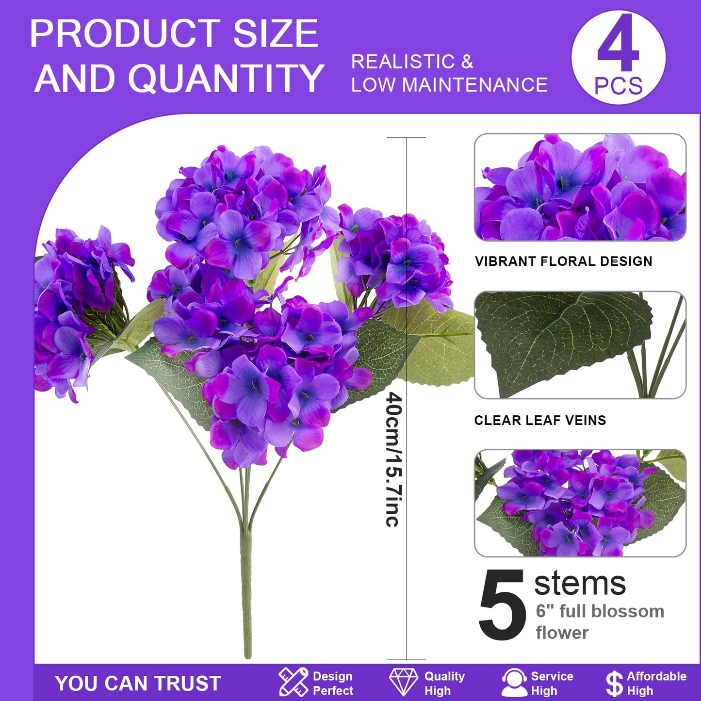 Daynight 4 Pcs Hydrangea Artificial Flowers Outdoor Silk Bouquets, UV Resistant Faux Hydrangeas Flowers for Table Vase Centerpieces Outside Party Wedding Baby Shower Home Outdoor Decor (4, Purple)