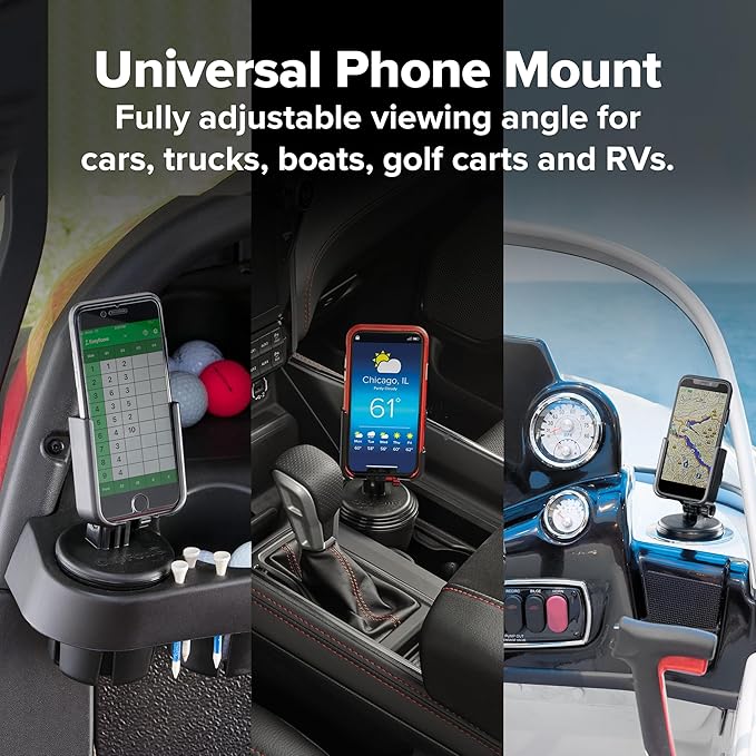 WeatherTech CupFone, Universal Cup Holder Phone Mount for Cars – Adjustable & Secure Fit with Open Access for Charging – Compatible with iPhone, Android - Metal Knobs, Gold