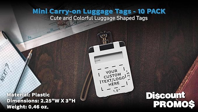 10 Mini Carry-on Luggage Tags Pack - Customizable Text, Logo - Flip Open Cover, ID Sticker - White