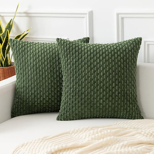 Kevin Textile Throw Pillow Covers Soft Corduroy Decorative Set of 2 Boho Striped Pillow Covers Pillowcases Farmhouse Home Decor for Couch Bed Sofa Living Room 16x16 Inch Moss Green