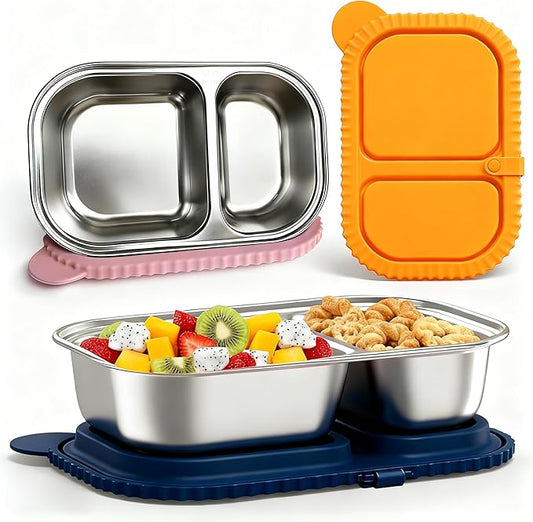 SHRONGZHI 304 Stainless Steel 2-Compartment Snack and Lunch Container with Easy-Open Silicone Lid, Built-In Utensil Clip, Leak-Proof and Stackable Design - Reusable Food Storage Box (SET B, 3 Pack)