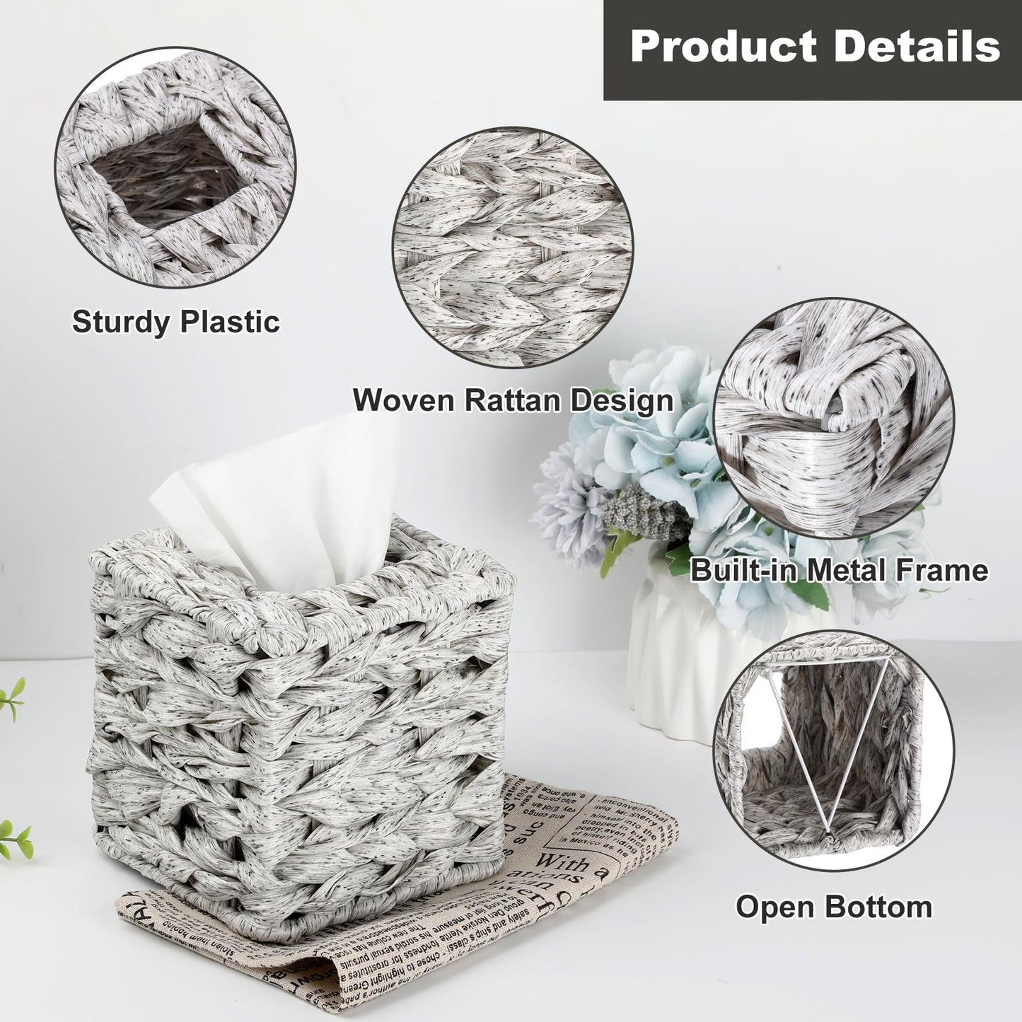 Sumnacon Wicker Tissue Box Cover, Square Tissue Box Holder, Hand Woven Facial Tissues Dispenser, Decorative Boho Tissue Box Organizer for Bathroom Bedroom Kitchen Office Table Desk Counter