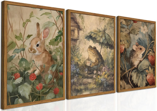 Framed Vintage Cottagecore Wall Art Set of 3, Cute Rabbit Frog Mouse Pictures Wall Decor, Rustic Animal Botanical Paintings Canvas Prints for Nursery Living Room Bedroom Farmhouse Home 12x16 inch