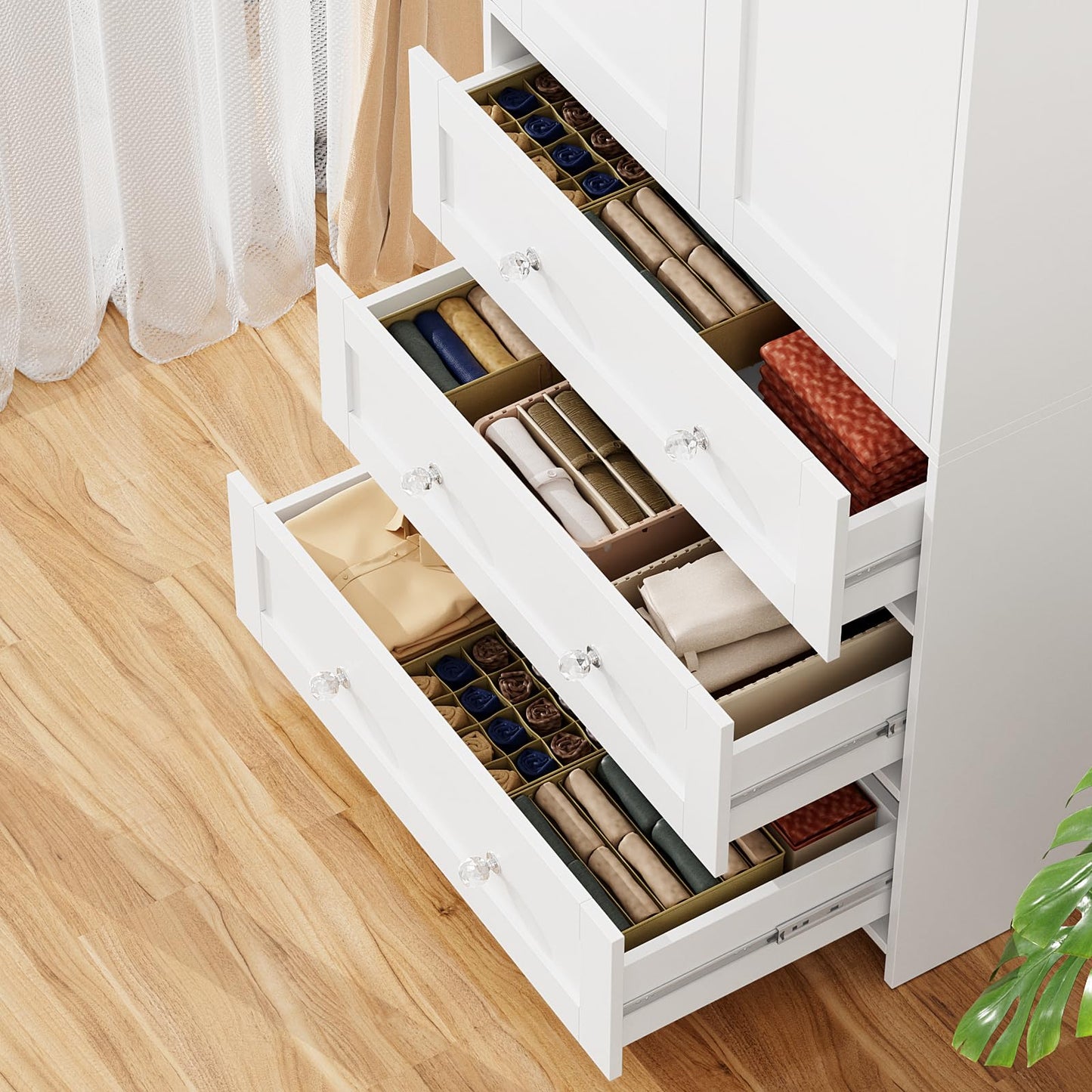 VOWNER Armoire Wardrobe Closet with Drawers and Mirror, 71" Clothing Storage Cabinet with Hanging Rod, 2 Doors Wooden Wardrobe Cabinet for Bedroom, Large Capacity Storage