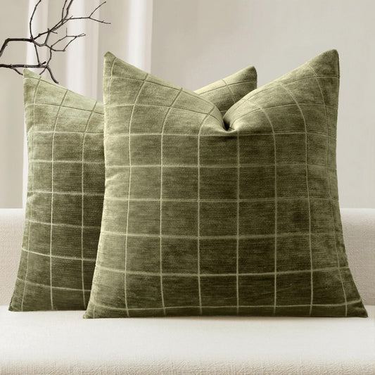 MIULEE Decorative Chenille Check Throw Pillow Covers Vintage Plaid Couch Pillows 20x20 Inch Set of 2 Neutral Boho Farmhouse Cushion Covers Modern Home Decor for Sofa Bed Living Room Olive Green