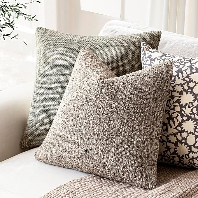 Foindtower Decorative Textured Boucle Throw Pillow Covers Accent Solid Pillow Cases Neutral Soft Cozy Couch Cushion Case for Chair Sofa Bedroom Living Room Home Decor 16x16 Inch,1PC,Light Taupe