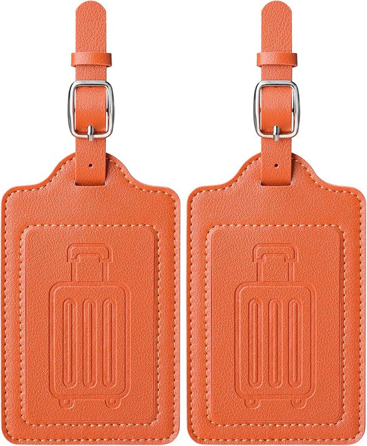 Teskyer Luggage Tags for Suitcases, TSA Approved with Privacy Protection Cover, Premium Faux Leather Bag Tags for Travel - 2 Pack, Orange