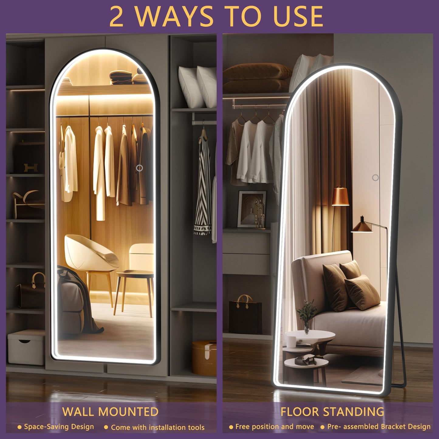 Hasipu Arched Full Length Mirror with Lights, 56" X 16" Lighted Full Body Mirror with Stand, Dimming 3 Colors & Brightness Adjustable, Bedroom Cloakroom Living Room, White Modern Arch Metal Frame