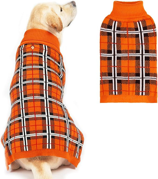 PUPTECK Dog Sweaters for Large Medium Small Dogs - Fall Classic Plaid Style Puppy Holiday Winter Coat Clothes Warm, Reddish Orange, XL