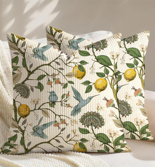Kokaaee Corduroy Throw Pillow Covers 20x20 Inch - Set of 2 Decorative Summer Spring Pillow Covers with Zipper Farmhouse Decor Cottage Throw Pillowcases for Couch Sofa Living Room Bedroom, Lemon Bird
