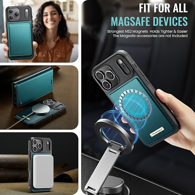 PlusnapX Wallet Case for iPhone 17 Pro Max Compatible with Magsafe, 2-in-1 PU Leather Flip RFID Blocking Card Holder Stand Shockproof Magnetic Detachable Cover for iPhone 17 Pro Max 6.9", Bluegreen