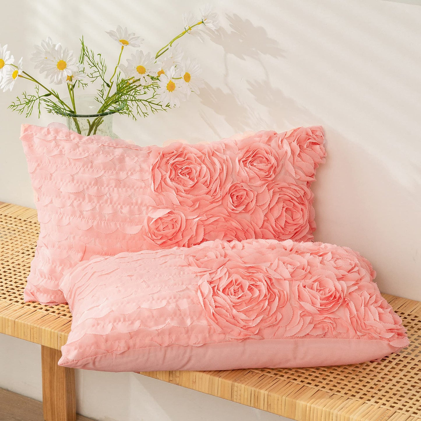 CaliTime Throw Pillow Cases Pack of 2 Solid 3D Stereo Chiffon Wave Rose Flower Decorative Cushion Covers Shells for Couch Sofa Bedroom 12 X 20 Inches Pink