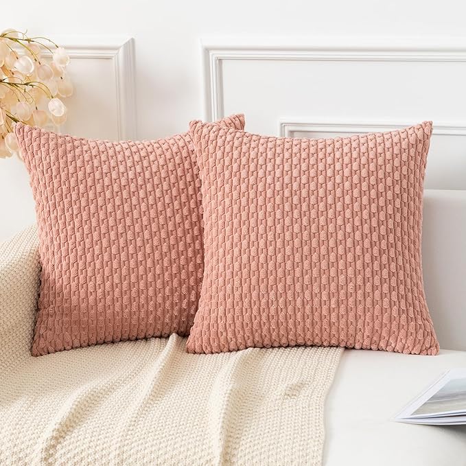 Kevin Textile Throw Pillow Covers Soft Corduroy Decorative Set of 2 Boho Striped Pillow Covers Valentines Day Pillowcases Farmhouse Home Decor for Couch Bed Sofa Living Room 22x22 Inch Baby Pink