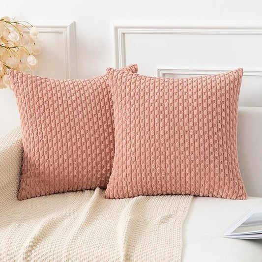 Kevin Textile Throw Pillow Covers Soft Corduroy Decorative Set of 2 Boho Striped Pillow Covers Valentines Day Pillowcases Farmhouse Home Decor for Couch Bed Sofa Living Room 22x22 Inch Baby Pink