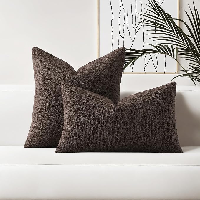 HAUSSY Set of 2 18x18 Decorative Throw Pillow Covers, Soft Cozy Textured Boucle Couch Cases, Home Decor for Couch Bed Living Room, Dark Coffee