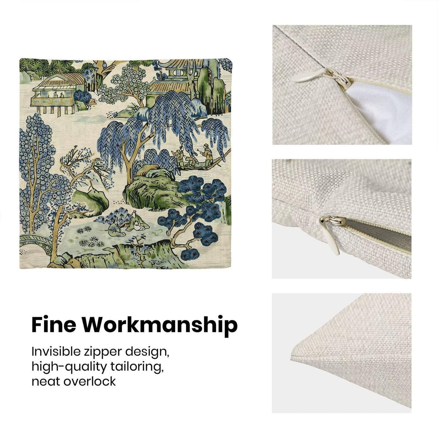 Sage Green Blue Chinoiserie Pillow Covers 18x18 Set of 2 Chinoiserie Tree Leaves Decorative Throw Pillow Modern Outdoor Linen Square Farmhouse Asian Scenic Cushion Cover for Home Couch Sofa