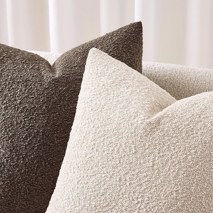 ANRODUO Pack of 2 Textured Boucle Throw Pillow Covers Soft Beige Decorative Accent Solid Pillow Cases Cozy Modern Couch Cushion Case for Chair Sofa Bedroom Living Room Spring Home Decor, 18 x 18 Inch