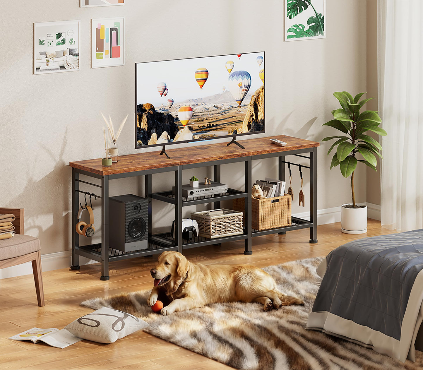 Furologee TV Stand for TVs up to 55 Inch, Entertainment Center with Open Storage Shelves, Media Console Table with Soundbar Shelf for Living Room, Bedroom, Rustic Brown