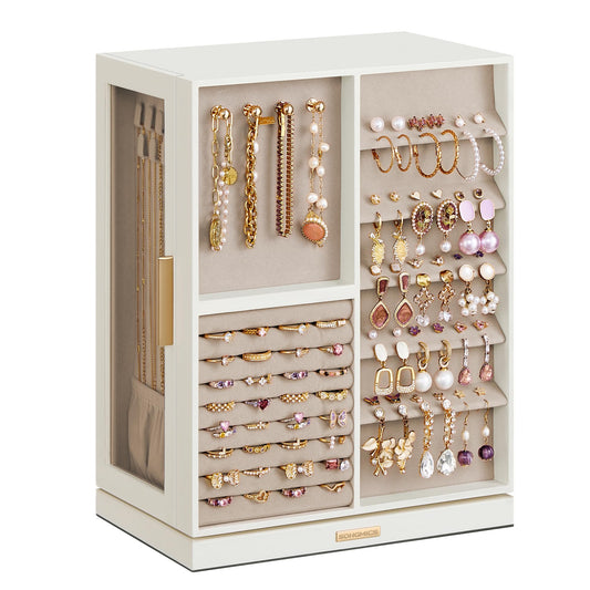 SONGMICS GISELLA Collection - Jewelry Box 360° Rotating, Jewelry Storage Case with 7 Drawers, Jewelry Organizer, Glass Window, Open Design, Great Gift, Light Warm White and Light Camel UJBC201W01