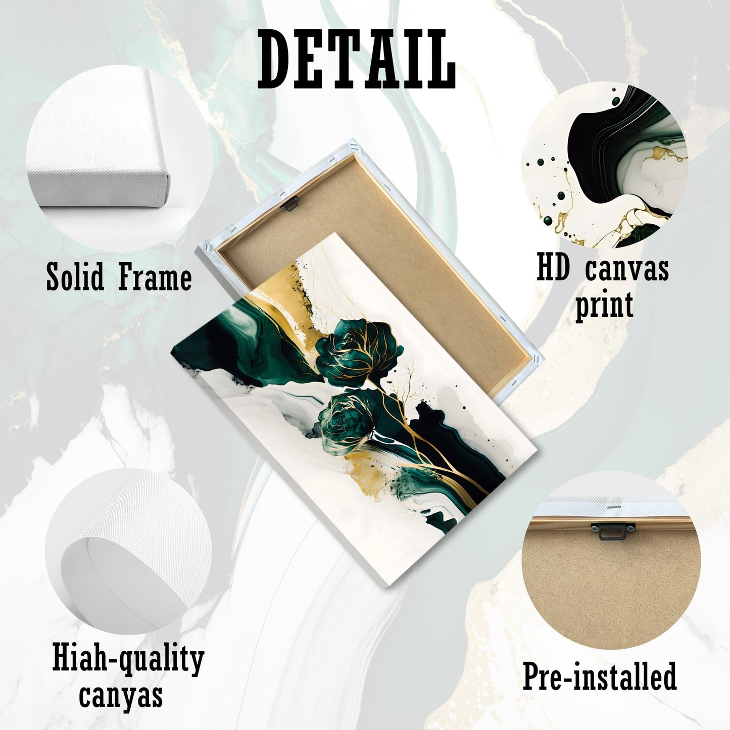 EJPFOGV Large Framed Abstract Wall Art Set of 3, Green and Gold Marble Texture with Floral Motif, Easy to Hang & Fade Resistant Art Prints, Wall Decor for Bedroom, Living Room, Home Office, 24x36 Inch