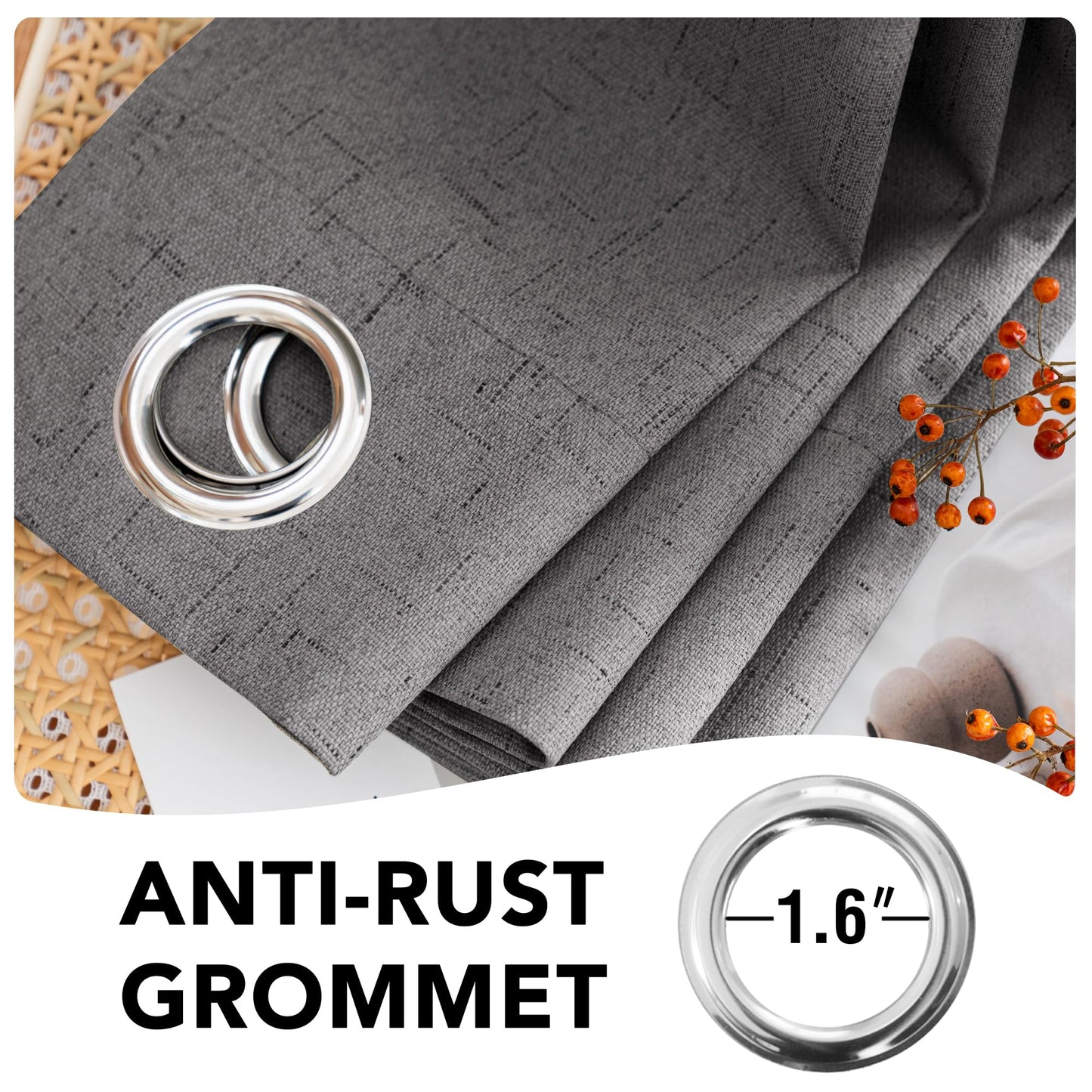 H.VERSAILTEX Linen Blackout Curtains 45 Inches Long 100% Absolutely Blackout Thermal Insulated Textured Linen Look Curtain Draperies Anti-Rust Grommet, Energy Saving with White Liner, 2 Panels, Grey