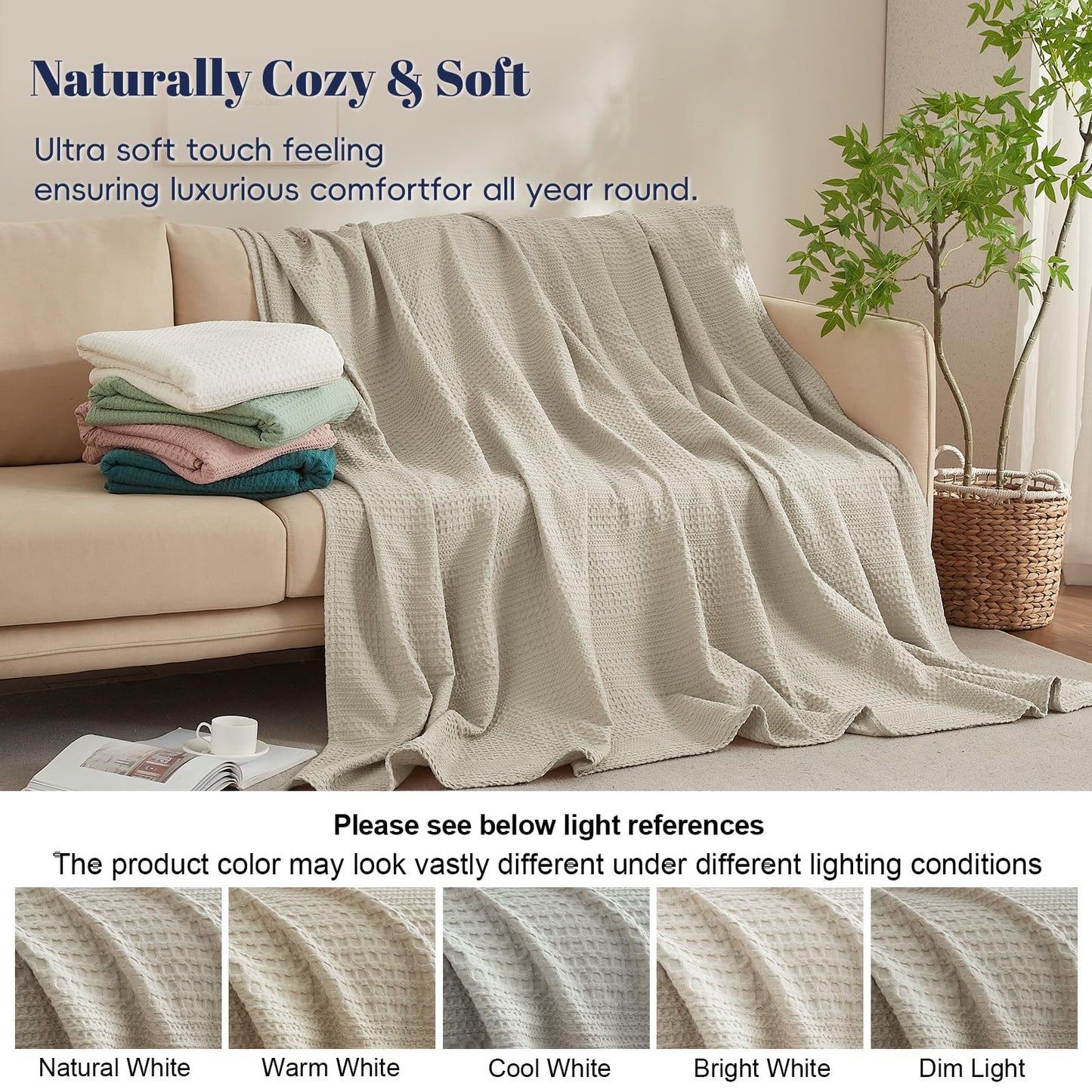 PHF Lightweight Waffle Weave Blanket Twin Size, Breathable & Ultra Soft, 66"x 90" Soft & Cozy Thin Blanket for Spring & Summer & Hot Sleepers, Bed, Home Decor - Light Taupe