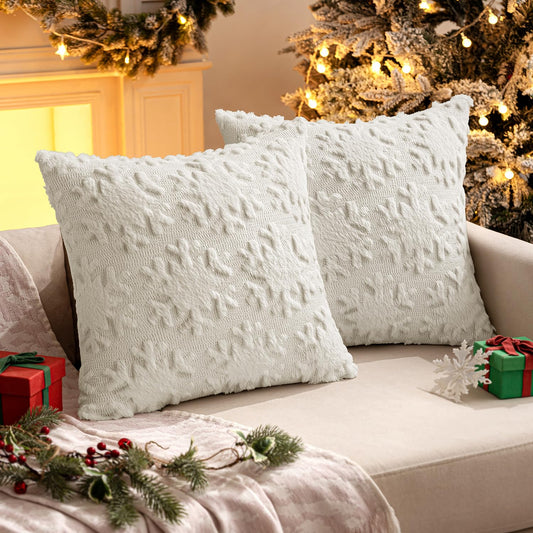 MIULEE Christmas Snowflake Decorative Throw Pillow Covers Set of 2,Soft Fluffy Faux Wool Winter Holiday Couch Pillows for Farmhouse Boho Home Decor Sofa Bed Porch Living Room 20x20 Inch Cream White