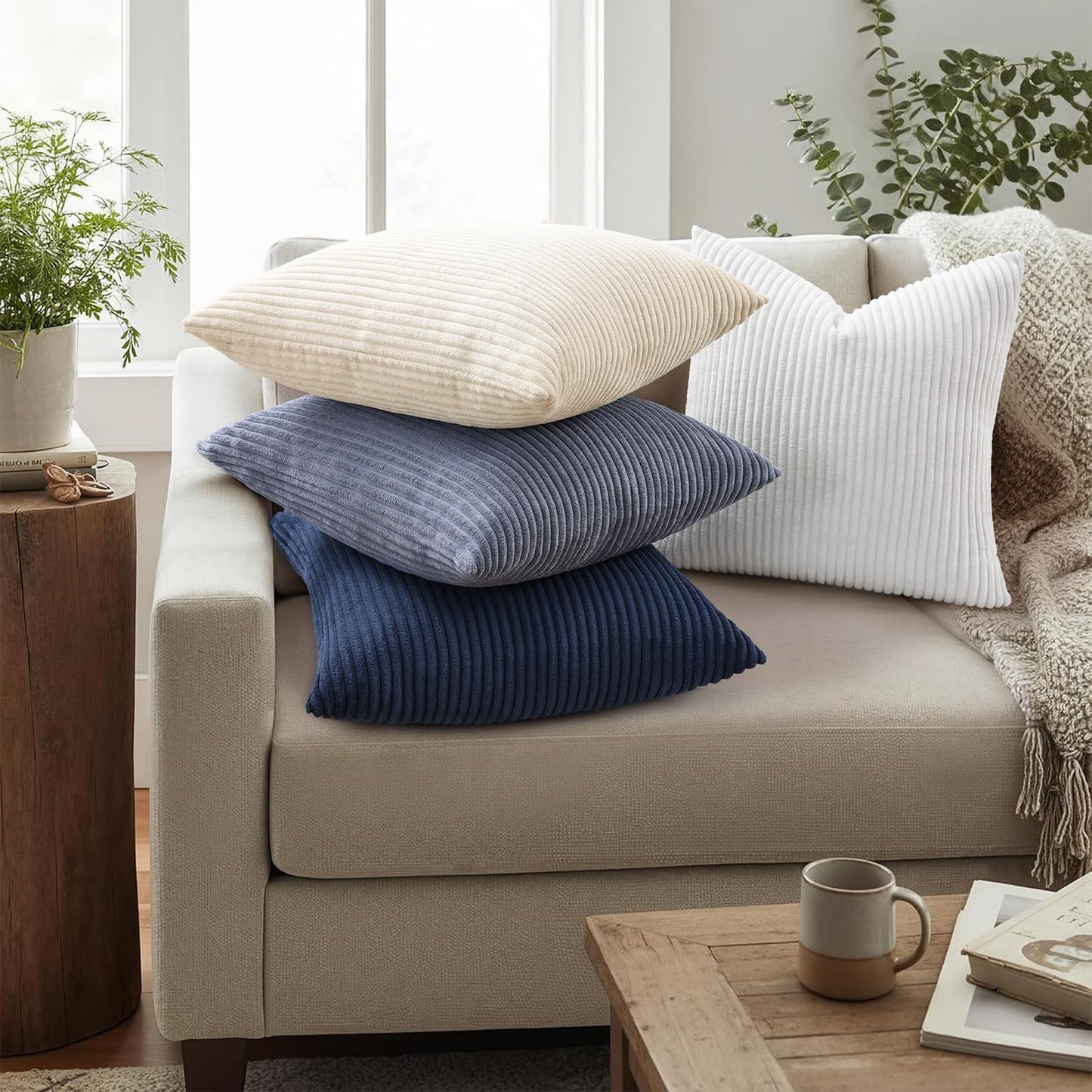 Mecatny Corduroy Decorative Throw Pillow Covers 24x24 Set of 2 for Sofa Living Room, Soft Neutral Boho Couch Pillow Covers for Home Decor, White
