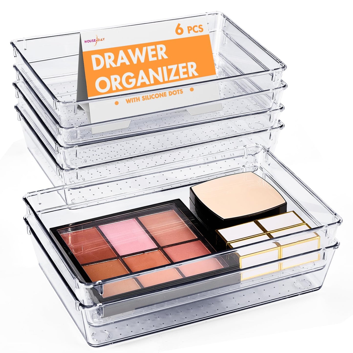 HOUSE DAY Desk Drawer Organizer Bins 6 PCS, 9*6*2" Clear Drawer Organizers with Silicone Pads, Vanity Organizers and Storage, Non Slip Plastic Drawer Organizer for Makeup, Bathroom, Kitchen, Office