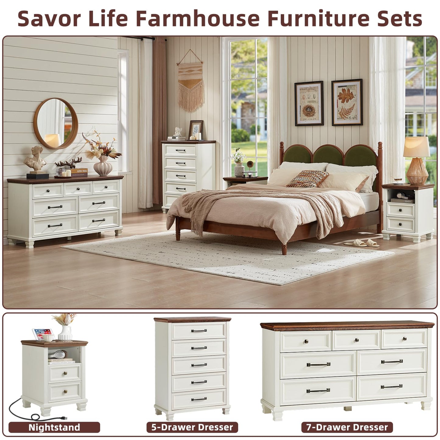 SAVOR LIFE Farmhouse Dresser and Nightstand Sets 4 Piece, 5/7 Drawer Dresser & 2 Drawer Nightstand Set, Rustic Wood Bedroom Furniture Set for Home, Bedroom, Hallway, White