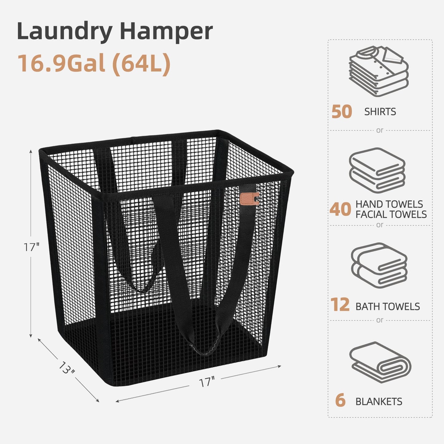 STORAGE MANIAC Collapsible Laundry Basket, 16.9 Gal. Large Pop-up Laundry Hamper with Long Carry Handles, Space-Saving Foldable Clothes Hamper with Bottom Elastic Band, Travel Laundry Bags, Mesh Black