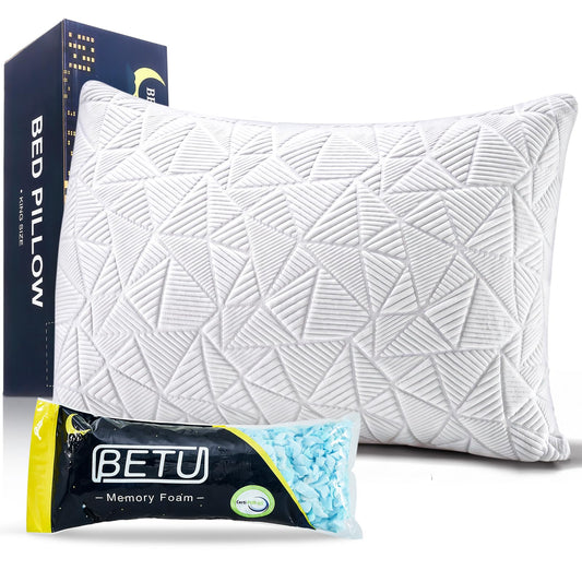 BETU Cooling Pillow Queen Size, Shredded Memory Foam Pillow for Hot Sleepers, Adjustable Firm Soft Support Pillows, Cool Bed Pillows for Side Back Stomach Sleeping Sleepers, gifts for boyfriend, White