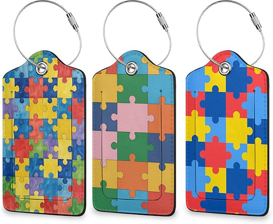 Jigsaw Puzzle 3 Pack Luggage Tag for Suitcase, Unique Leather Travel Tags Identifiers with Privacy Name Address Labels & Durable Steel Loop for Women Men Travel