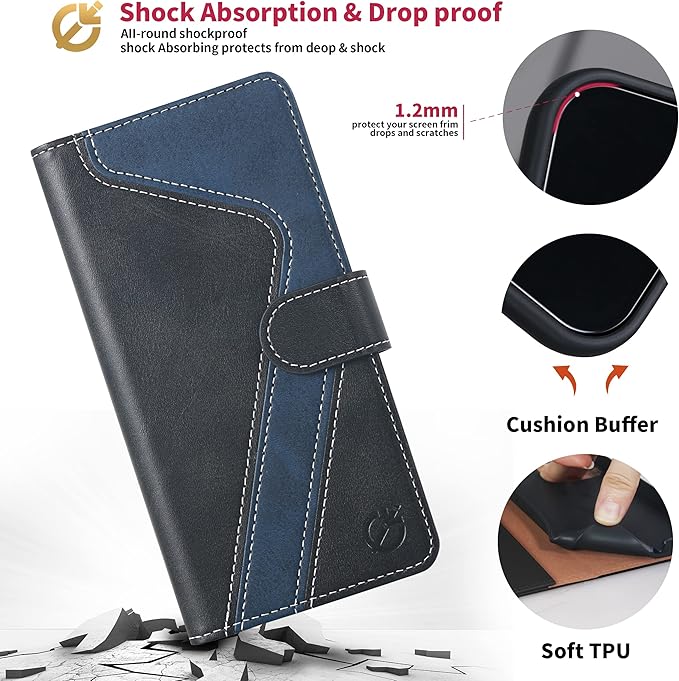 CIVICASE for iPhone 14 Wallet Case,Leather Flip Case [RFID Blocking] Credit Card Holder Folio Magnetic Stand TPU Shockproof Cover Color Matching for iPhone 14 (6.1") Black Blue