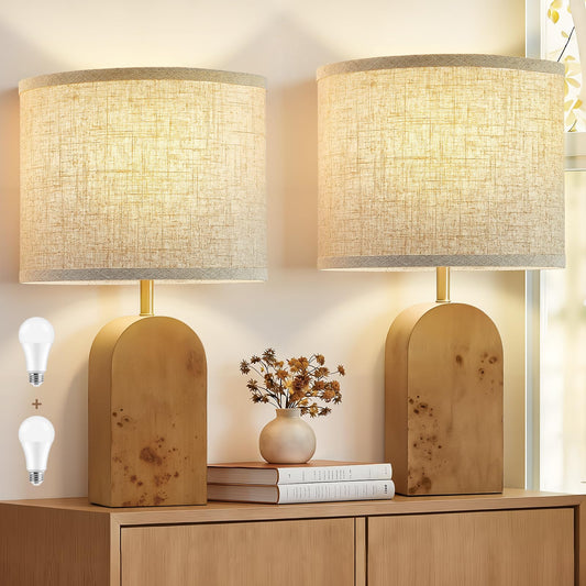 Table Lamps Set of 2 - 19" Wood Farmhouse Bedside Lamp with Adjustable Color Temperatures - Modern Rustic Linen Lampshade Nightstand Lamps for Bedroom Living Room Office, Bulbs Included, Natural