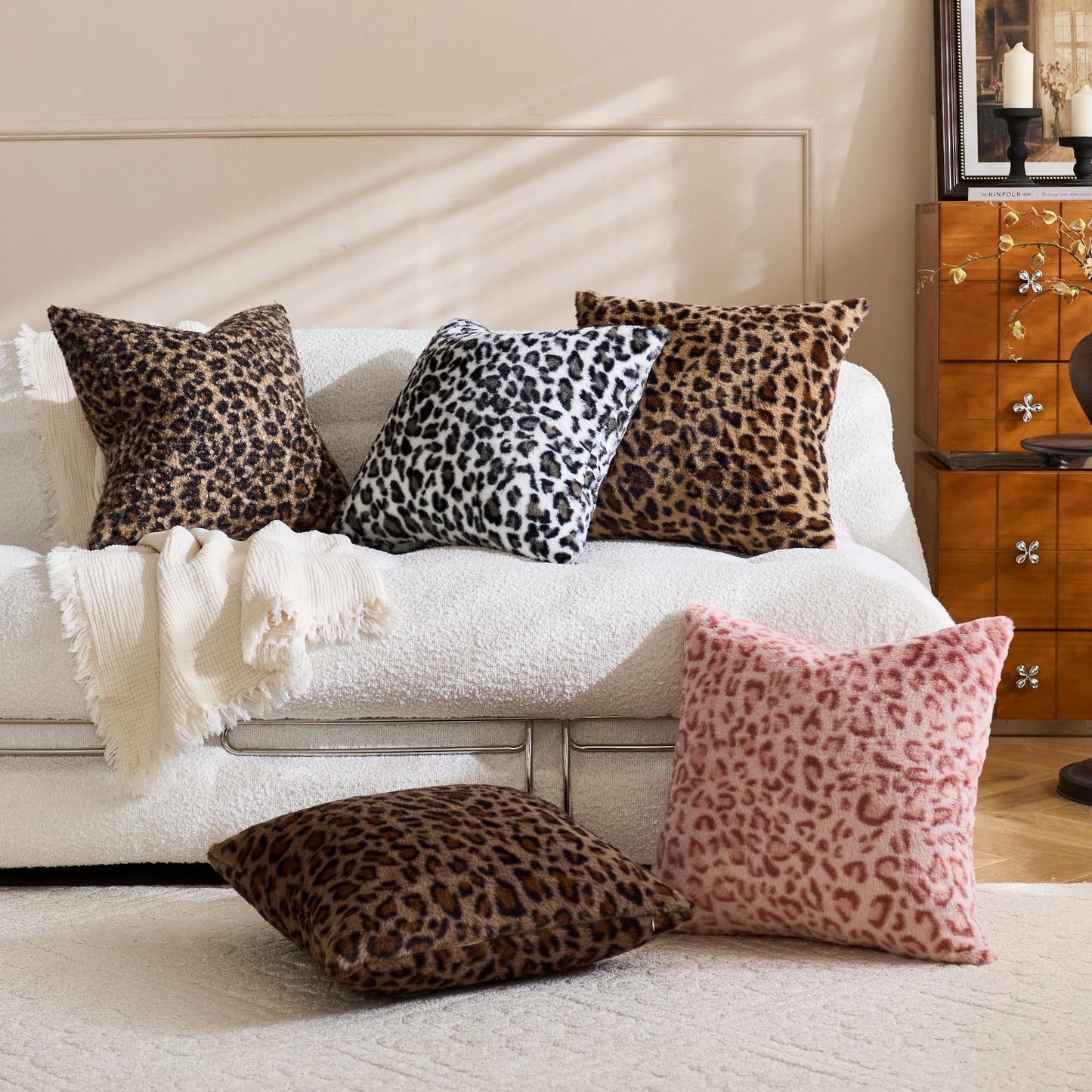 KINDREX Leopard Print Faux Fur Pillow Covers 18x18 Set of 2, Cloud-Like Soft & Fluffy Cheetah Cushion Cases, Eye-Catching Decor for Living Room Sofa Bedroom Decor