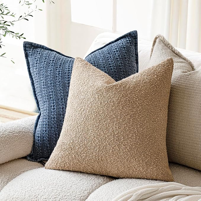 Foindtower Decorative Boucle Throw Pillow Covers Accent Solid Pillow Cases Cozy Soft Textured Couch Cushion Case for Chair Sofa Bedroom Living Room Home Decor 22 x 22 Inch,Taupe Khaki Camel