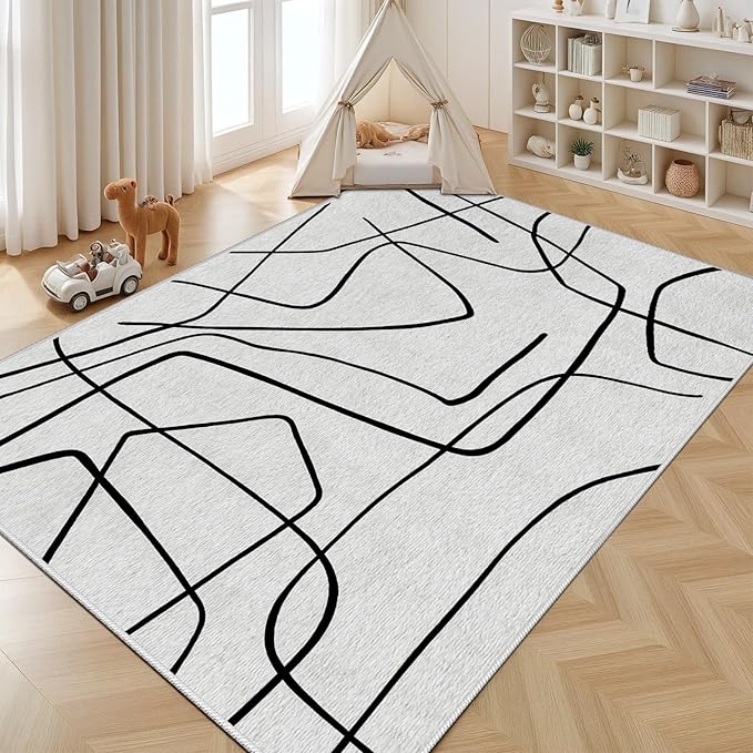 Black and White Rug - Abstract Area Rug, Black and White Rugs for Living Room, Modern Minimalist Washable Rugs, Contemporary Carpet Non Slip Home Decor, Curve 4x6