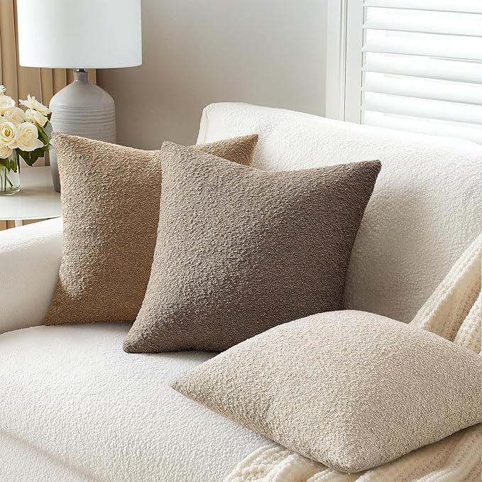 ANRODUO Pack of 2 Textured Boucle Throw Pillow Covers Soft Brown Euro Decorative Accent Solid Pillow Cases Cozy Modern Couch Cushion Case for Chair Sofa Bedroom Living Room Home Decor, 24 x 24 Inch