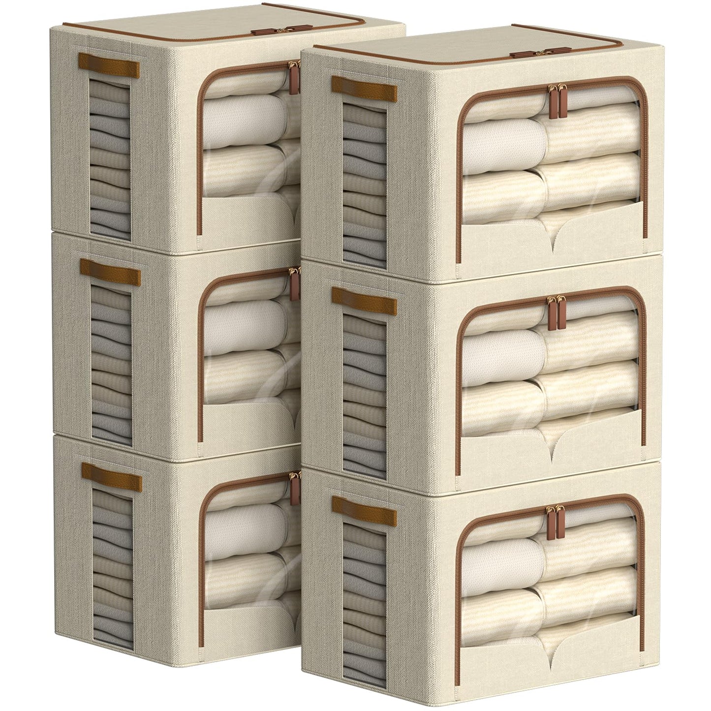 FHSQX 6 Pack Clothes Storage Bins - Foldable Storage Bins for Clothes Fabric Storage Box with Metal Frame (Beige, 16.5x12.2x12.2 inch)