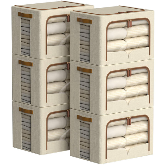 FHSQX 6 Pack Clothes Storage Bins - Foldable Storage Bins for Clothes Fabric Storage Box with Metal Frame (Beige, 16.5x12.2x12.2 inch)