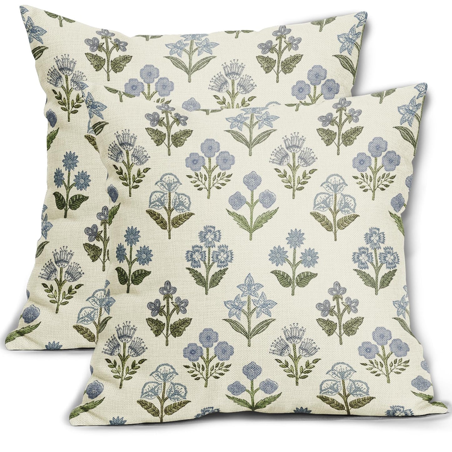 Sivirary Blue Green Block Print Floral Pillow Covers 18x18 Inch Set of 2