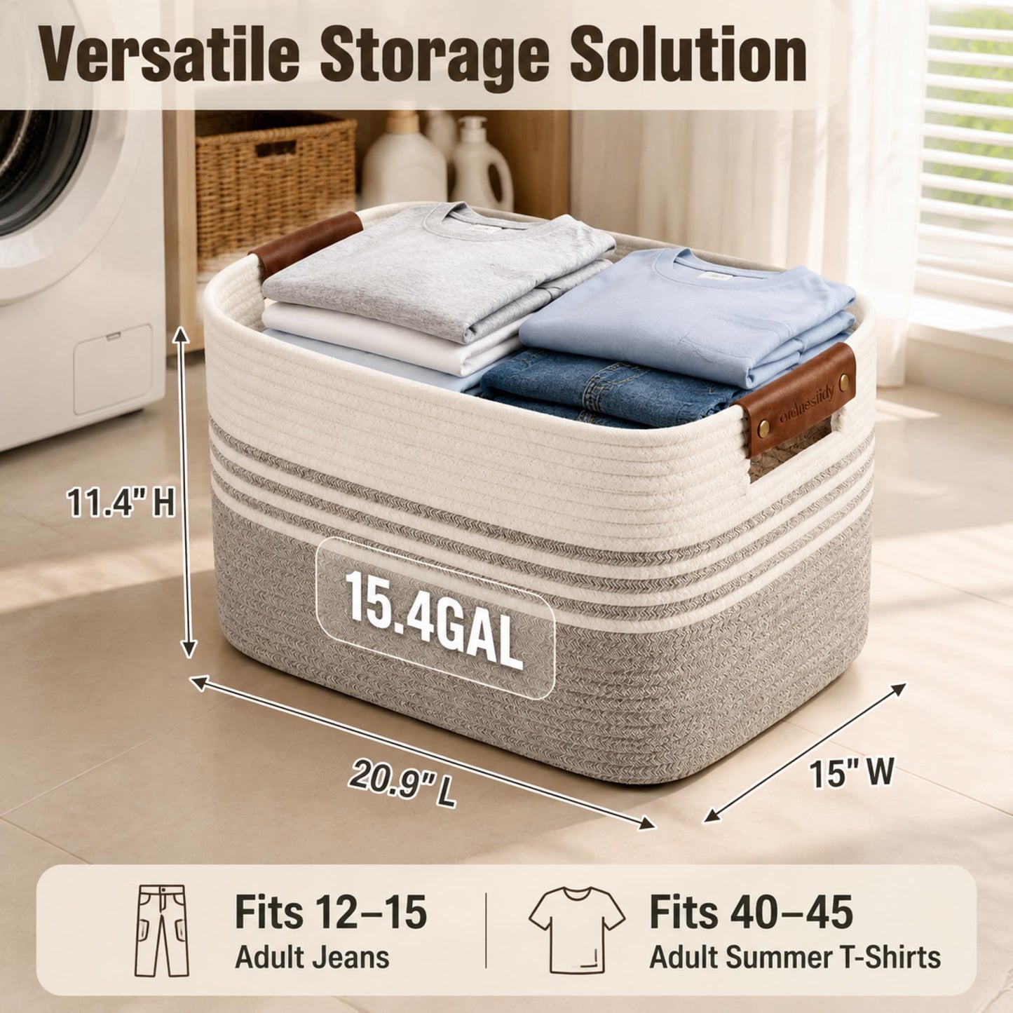 Cotton Rope Laundry Basket Medium, 15.4GAL Collapsible Woven Storage Baskets for Living Room Kids Toys Stuffed Animal,Boho Rectangular Decorative Short Hamper for Dirty Clothes, Blankets White Brown