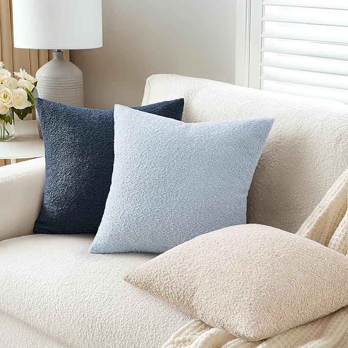 ANRODUO Pack of 2 Textured Boucle Throw Pillow Covers Soft Navy Blue Euro Decorative Accent Solid Pillow Cases Cozy Modern Couch Cushion Case for Bed Sofa Bedroom Living Room Home Decor, 22 x 22 Inch
