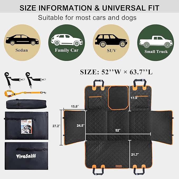 Hard Bottom Back Seat Extender for Dogs, Waterproof Dog Car Seat Cover, 420lb Support, 600D Heavy Duty Car Seat Protector Dog Hammock for Sedan, SUV, Small Truck(Black & Orange)