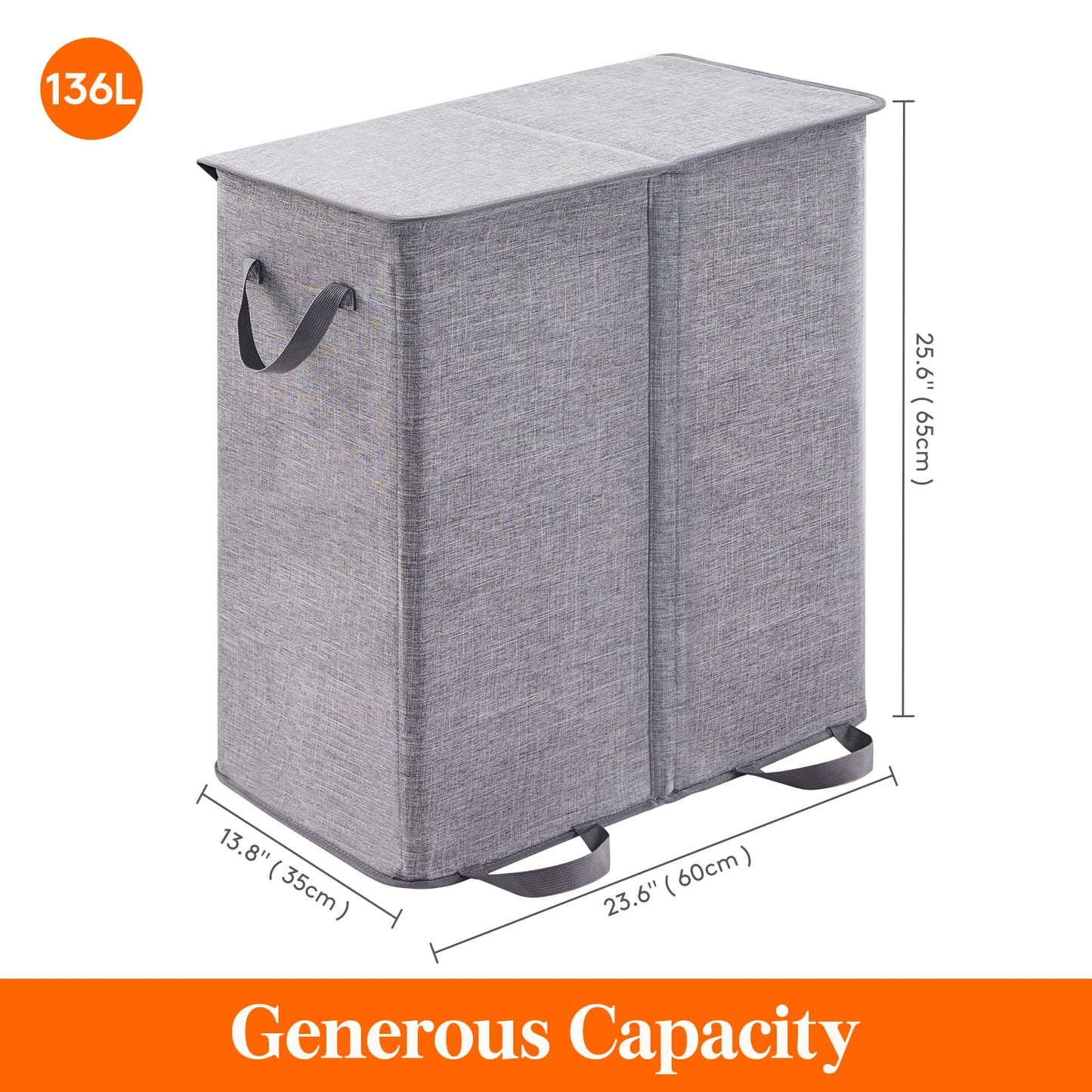Lifewit Double Laundry Hamper with Lid and Removable Laundry Bags, Large Collapsible 2 Dividers Dirty Clothes Basket with Handles for Bedroom, Laundry Room, Closet, Bathroom, College, 136L Gray