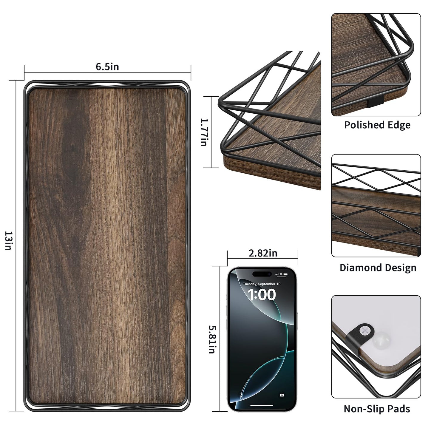 Lixple Toilet Paper Basket Holder, 13" Toilet Tank Tray, Wood and Metal Toilet Tray Vanity Organizer Bathroom Tray, Kitchen Sink Organizer for Soap Dispenser (Brown+Black)