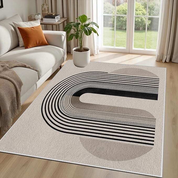 Modern Washable Rug for Living Room 2x3, Boho Abstract Striped Area Rugs, Soft Non Slip Low Pile Farmhouse Carpet for Bedroom Dining Room Kitchen, Stain Resistant, Pet Friendly, Beige Black