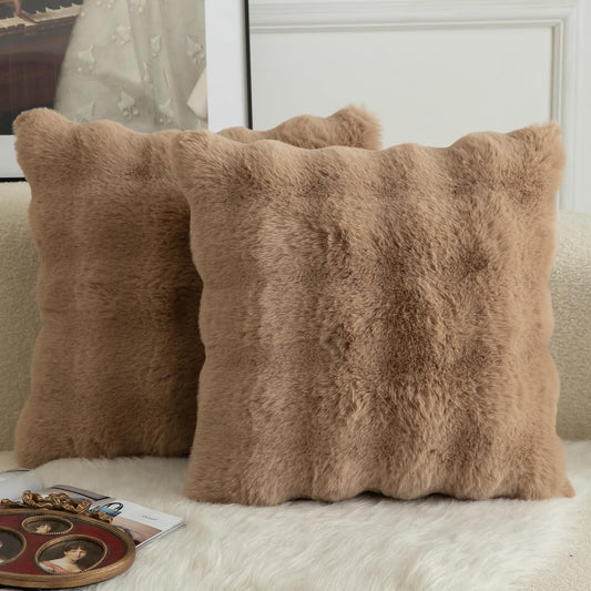 MANDIOO Pack of 2 Thick Plush Wool Decorative Throw Pillow Covers Super Soft Wave Bubble Fur Velvet Cushion Covers Pillow Shams for Couch Bed Living Room 16x16 Inch Camel