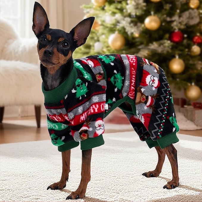XPUDAC Christmas Dog Pajamas Fleece Dog Sweater Holiday Pet Outfit for Small Medium Dogs Girl Boy Puppy Clothes Onesie, L